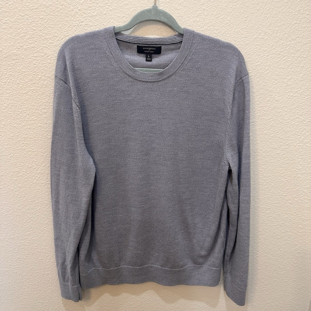 Banana Republic Mens Merino Wool Sweater Sz L Light Gray Crew Neck Pullover